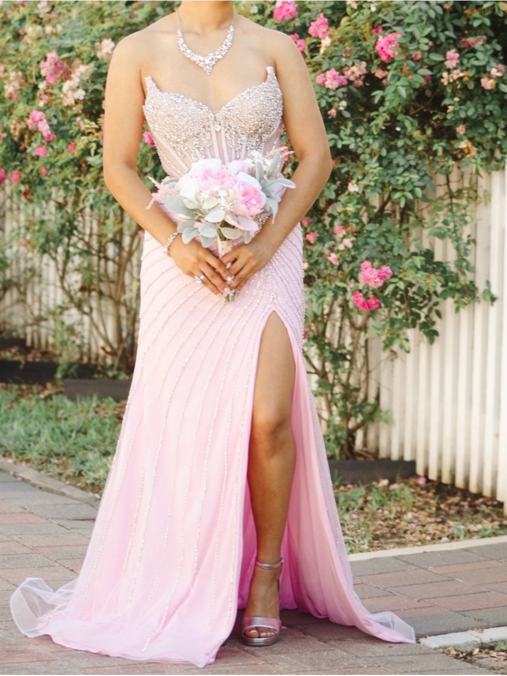 Strapless Beaded Pink Evening Gown with Thigh Slit
